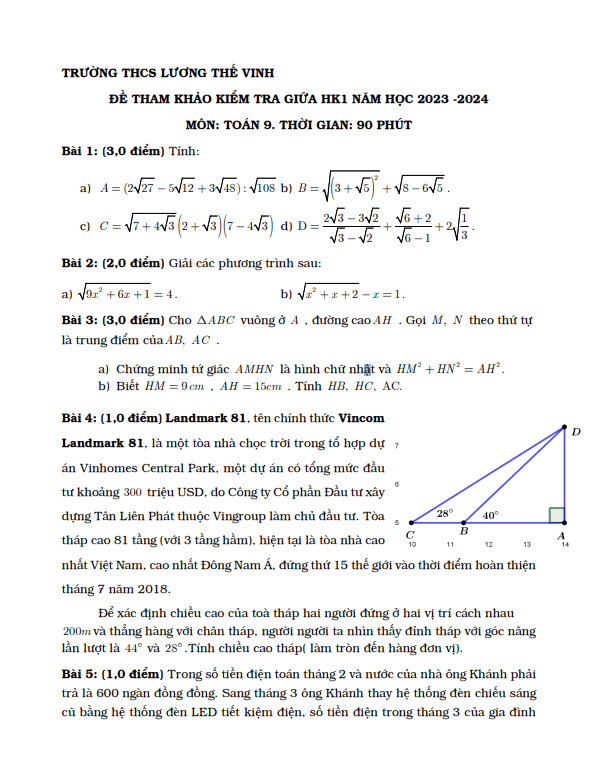 Đề tham khảo giữa kỳ 1 Toán 9 năm 2023 – 2024 trường THCS Lương Thế Vinh – TP HCM