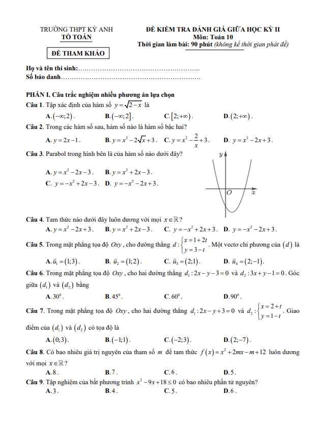 Đề tham khảo giữa kỳ 2 Toán 10 năm 2023 – 2024 trường THPT Kỳ Anh – Hà Tĩnh