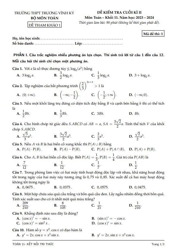 Đề tham khảo HK2 Toán 11 KNTTVCS năm 2023 – 2024 THPT Trương Vĩnh Ký – Bến Tre