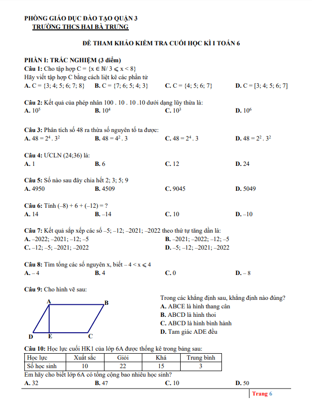 Đề tham khảo học kì 1 Toán 6 năm 2022 – 2023 trường THCS Hai Bà Trưng – TP HCM