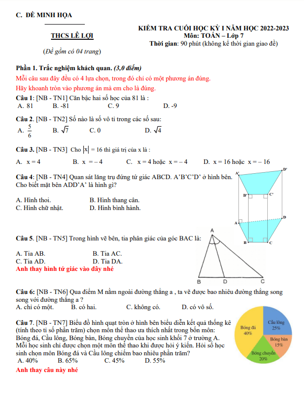 Đề tham khảo học kì 1 Toán 7 năm 2022 – 2023 trường THCS Lê Lợi – TP HCM