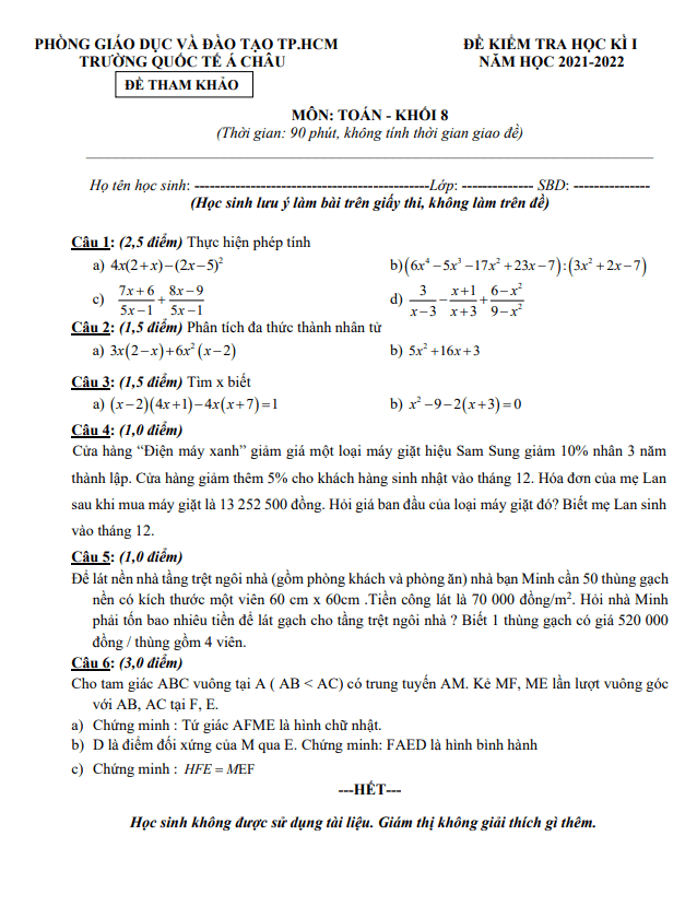 Đề tham khảo học kì 1 Toán 8 năm 2021 – 2022 trường Quốc tế Á Châu – TP HCM