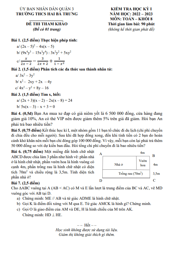 Đề tham khảo học kì 1 Toán 8 năm 2022 – 2023 trường THCS Hai Bà Trưng – TP HCM