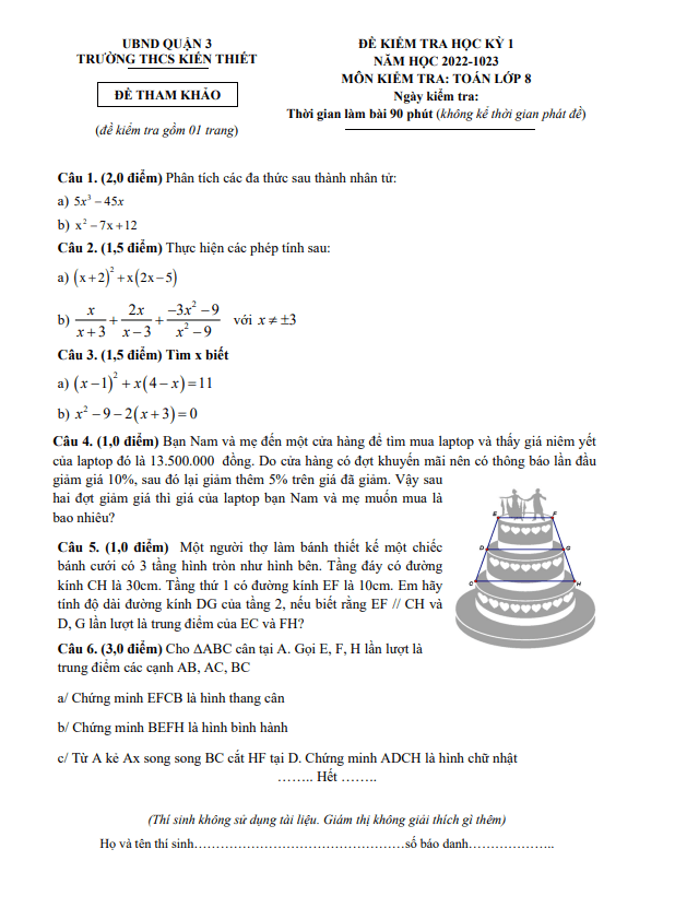 Đề tham khảo học kì 1 Toán 8 năm 2022 – 2023 trường THCS Kiến Thiết – TP HCM