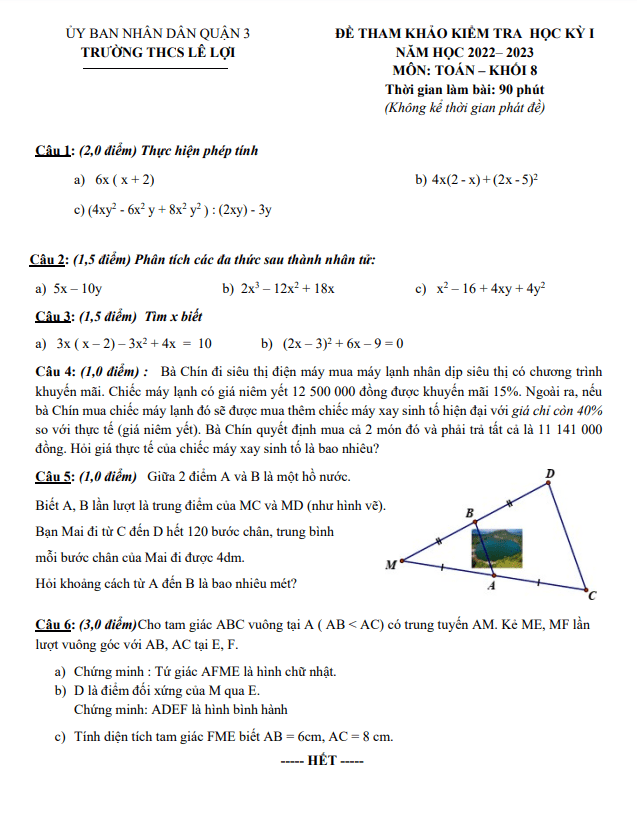 Đề tham khảo học kì 1 Toán 8 năm 2022 – 2023 trường THCS Lê Lợi – TP HCM