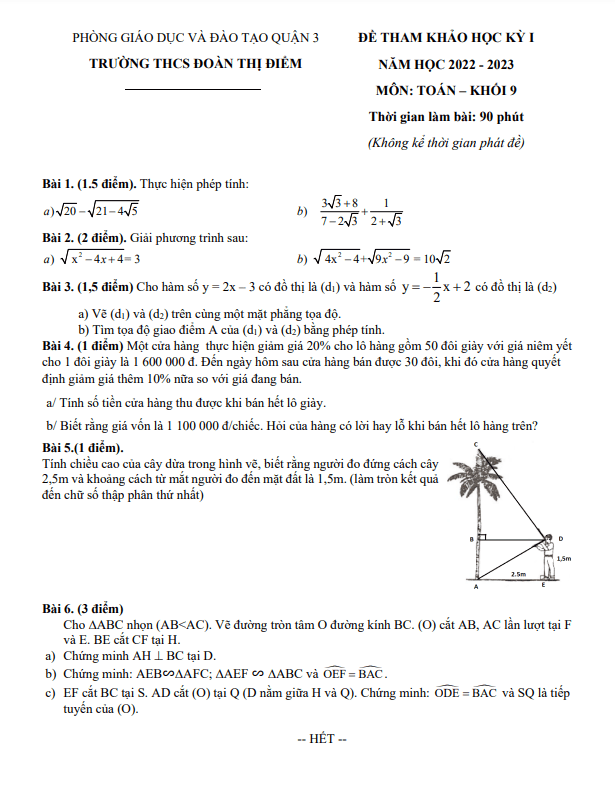 Đề tham khảo học kì 1 Toán 9 năm 2022 – 2023 trường THCS Đoàn Thị Điểm – TP HCM