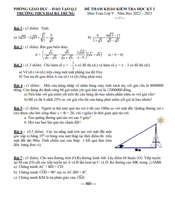 Đề tham khảo học kì 1 Toán 9 năm 2022 – 2023 trường THCS Hai Bà Trưng – TP HCM