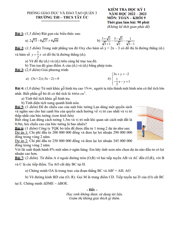 Đề tham khảo học kì 1 Toán 9 năm 2022 – 2023 trường TiH – THCS Tây Úc – TP HCM