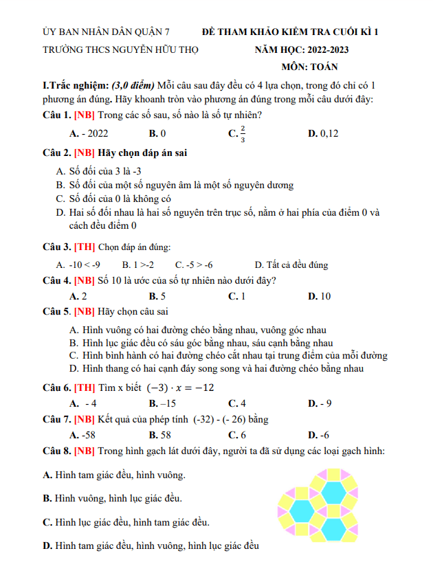 Đề tham khảo học kỳ 1 Toán 6 năm 2022 – 2023 trường THCS Nguyễn Hữu Thọ – TP HCM
