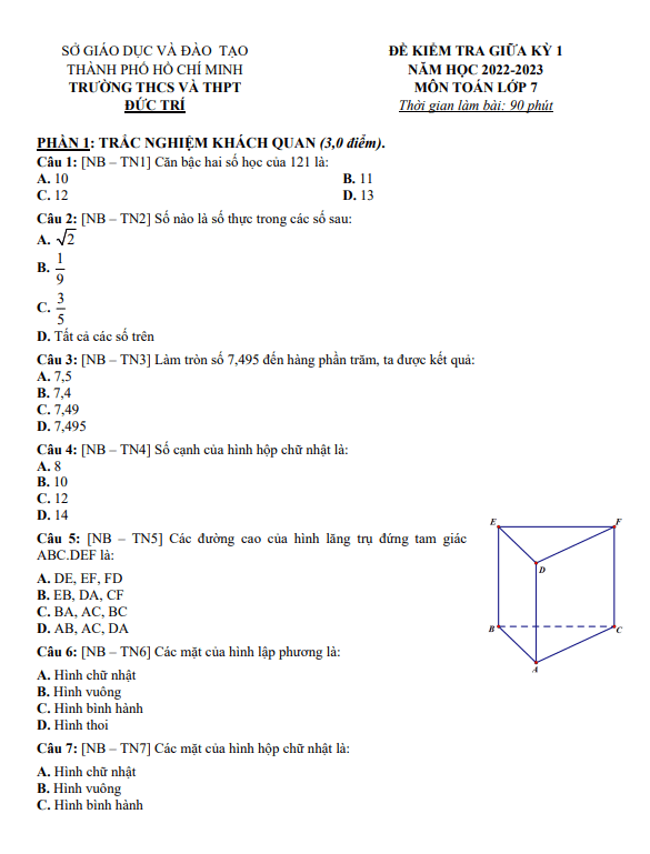Đề tham khảo học kỳ 1 Toán 7 năm 2022 – 2023 trường Đức Trí – TP HCM