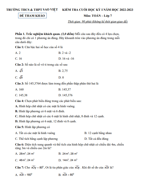 Đề tham khảo học kỳ 1 Toán 7 năm 2022 – 2023 trường Sao Việt – TP HCM