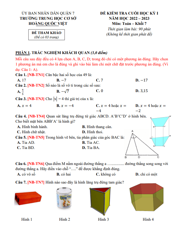 Đề tham khảo học kỳ 1 Toán 7 năm 2022 – 2023 trường THCS Hoàng Quốc Việt – TP HCM