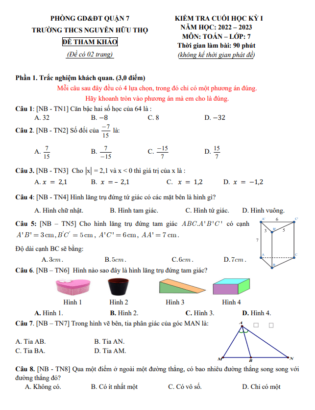 Đề tham khảo học kỳ 1 Toán 7 năm 2022 – 2023 trường THCS Nguyễn Hữu Thọ – TP HCM