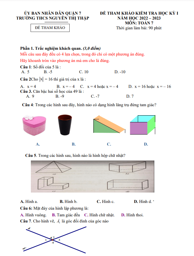 Đề tham khảo học kỳ 1 Toán 7 năm 2022 – 2023 trường THCS Nguyễn Thị Thập – TP HCM