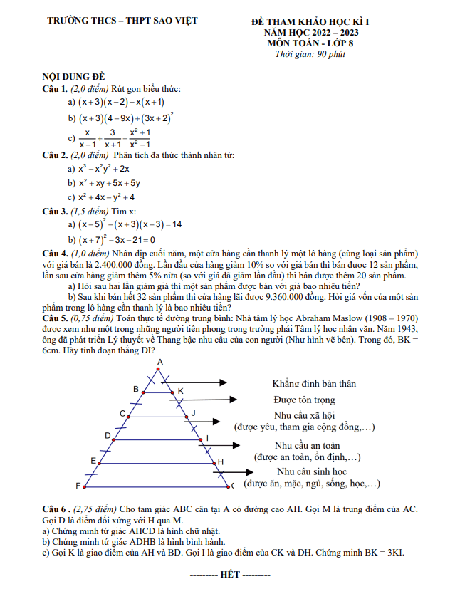 Đề tham khảo học kỳ 1 Toán 8 năm 2022 – 2023 trường Sao Việt – TP HCM