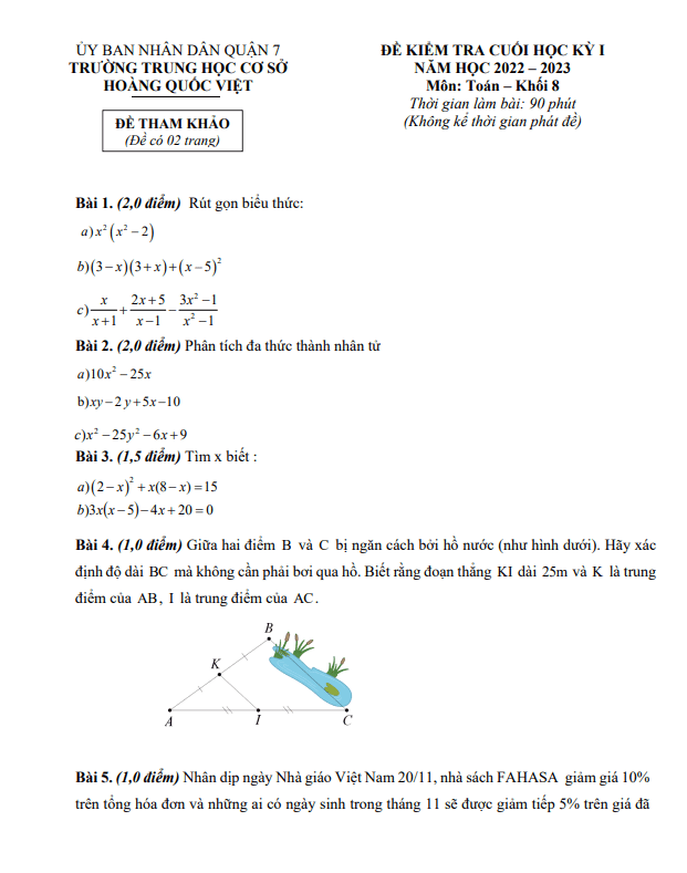 Đề tham khảo học kỳ 1 Toán 8 năm 2022 – 2023 trường THCS Hoàng Quốc Việt – TP HCM