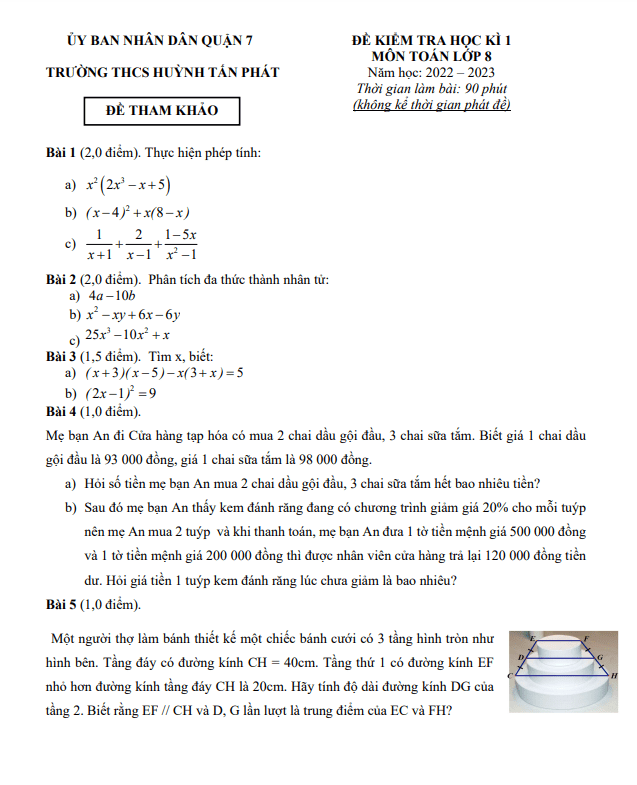 Đề tham khảo học kỳ 1 Toán 8 năm 2022 – 2023 trường THCS Huỳnh Tấn Phát – TP HCM