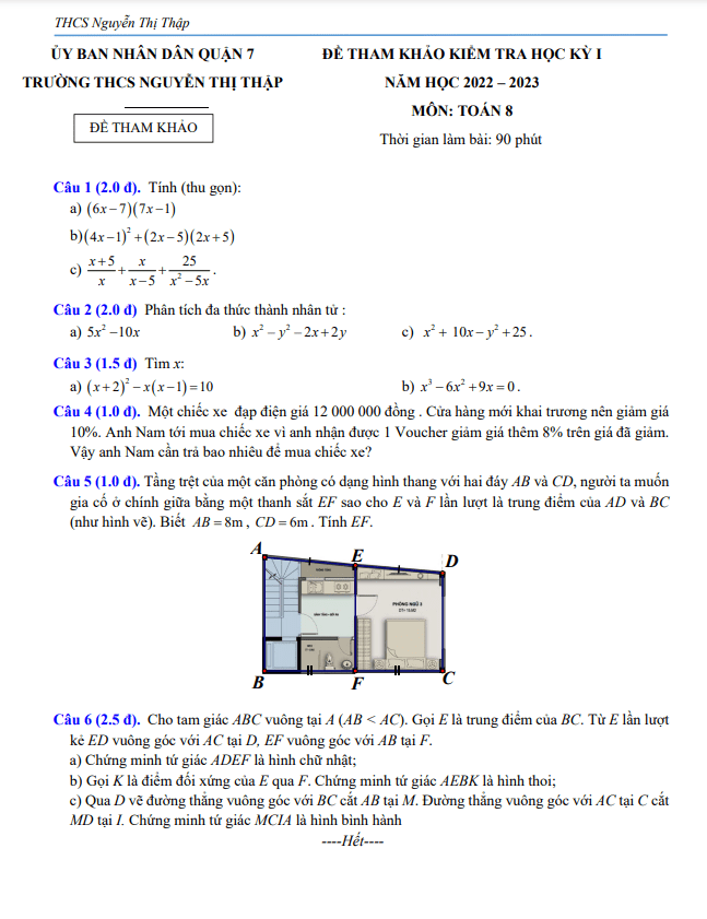 Đề tham khảo học kỳ 1 Toán 8 năm 2022 – 2023 trường THCS Nguyễn Thị Thập – TP HCM