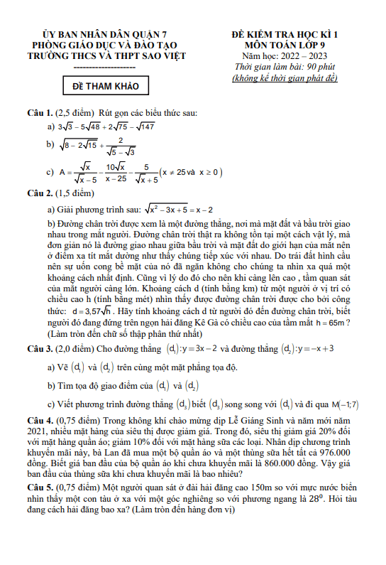 Đề tham khảo học kỳ 1 Toán 9 năm 2022 – 2023 trường Sao Việt – TP HCM