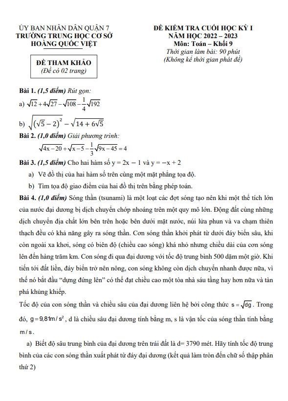Đề tham khảo học kỳ 1 Toán 9 năm 2022 – 2023 trường THCS Hoàng Quốc Việt – TP HCM