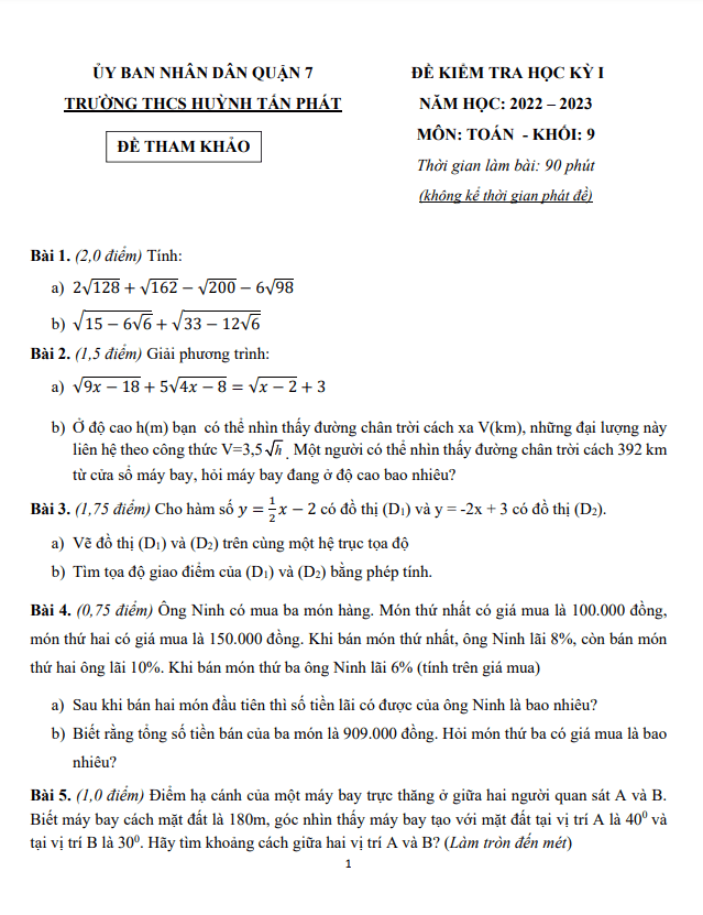 Đề tham khảo học kỳ 1 Toán 9 năm 2022 – 2023 trường THCS Huỳnh Tấn Phát – TP HCM
