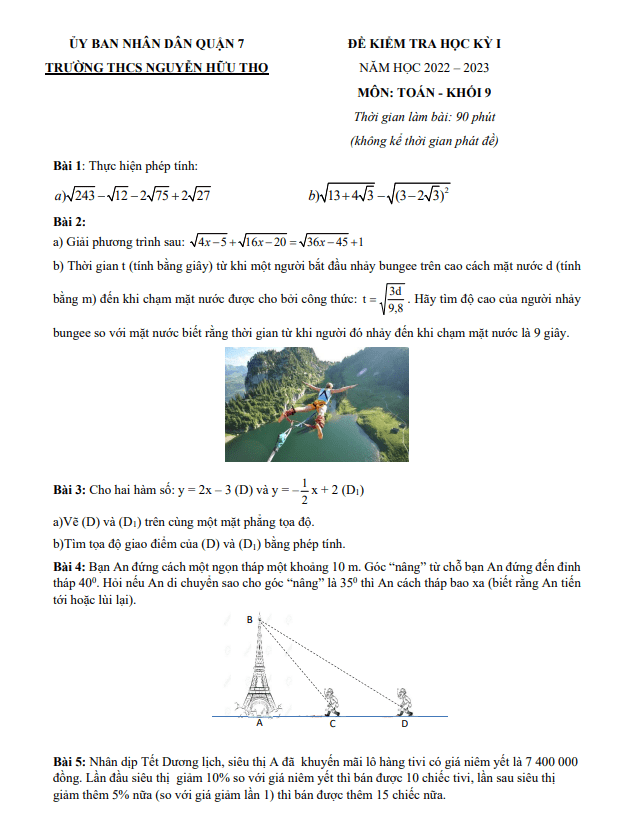 Đề tham khảo học kỳ 1 Toán 9 năm 2022 – 2023 trường THCS Nguyễn Hữu Thọ – TP HCM