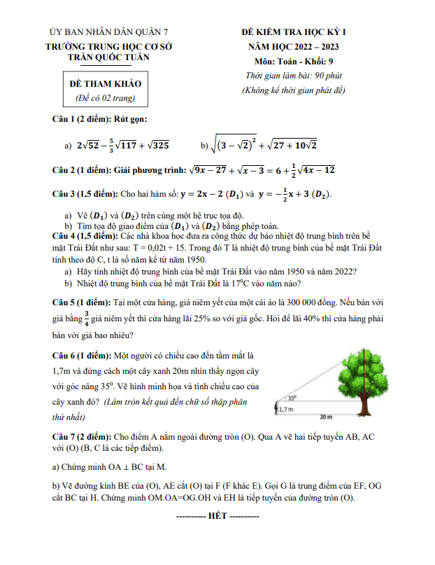 Đề tham khảo học kỳ 1 Toán 9 năm 2022 – 2023 trường THCS Trần Quốc Tuấn – TP HCM