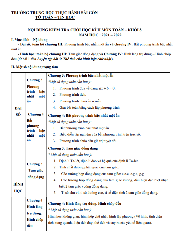 Đề tham khảo học kỳ 2 Toán 8 năm 2021 – 2022 trường Thực hành Sài Gòn – TP HCM