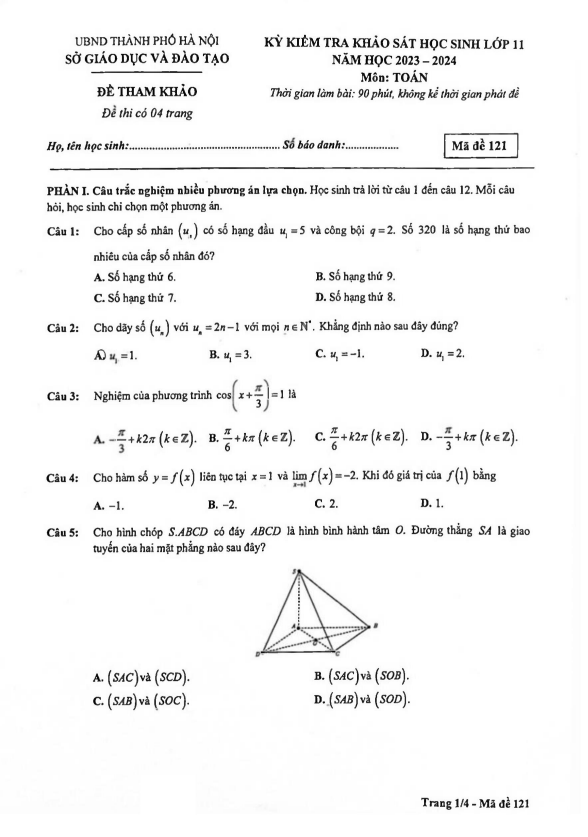 Đề tham khảo khảo sát Toán 11 năm 2023 – 2024 sở GD&ĐT Hà Nội