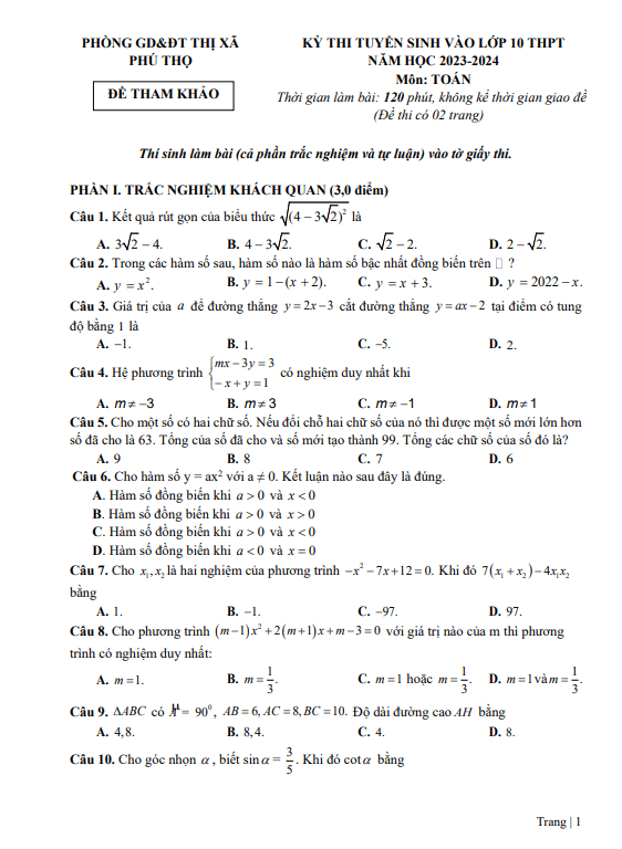 Đề tham khảo Toán thi vào 10 năm 2023 – 2024 phòng GD&ĐT thị xã Phú Thọ