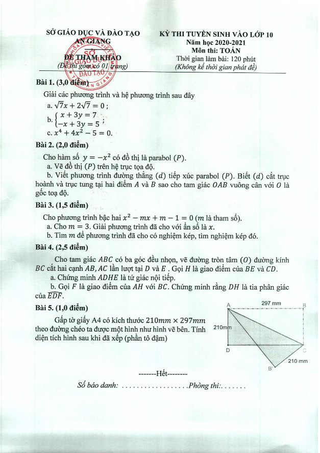 Đề tham khảo Toán tuyển sinh lớp 10 năm 2020 – 2021 sở GD&ĐT An Giang