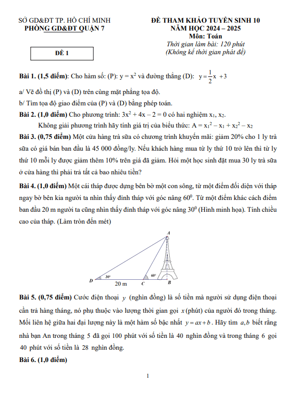 Đề tham khảo tuyển sinh 10 môn Toán 2024 – 2025 phòng GD&ĐT Quận 7 – TP HCM