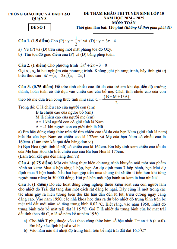 Đề tham khảo tuyển sinh 10 môn Toán 2024 – 2025 phòng GD&ĐT Quận 8 – TP HCM