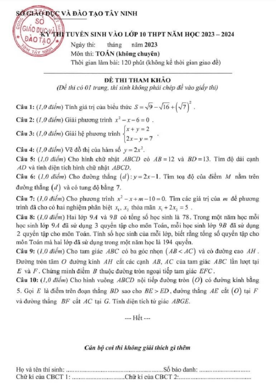 Đề tham khảo tuyển sinh lớp 10 môn Toán năm 2023 – 2024 sở GD&ĐT Tây Ninh