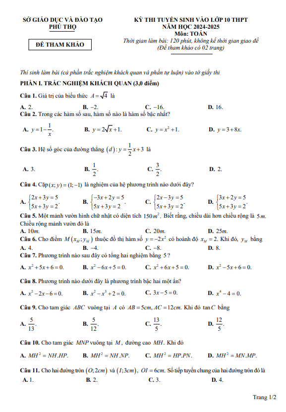 Đề tham khảo vào lớp 10 môn Toán năm 2024 – 2025 sở GD&ĐT Phú Thọ