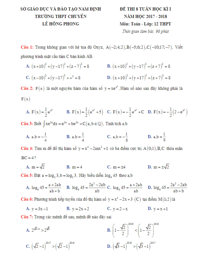Đề thi 8 tuần học kỳ I năm học 2017 – 2018 môn Toán 12 trường THPT chuyên Lê Hồng Phong – Nam Định