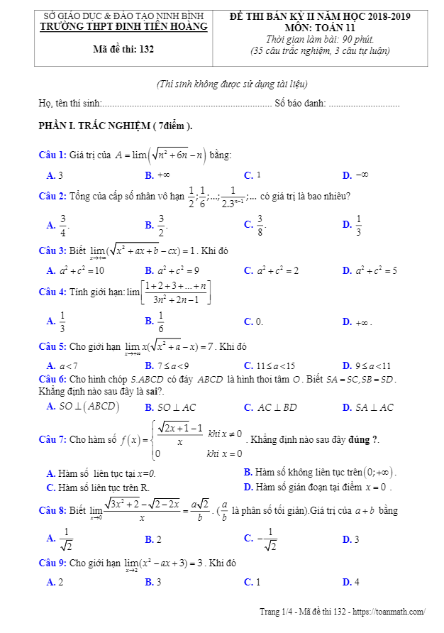 Đề thi bán kỳ 2 Toán 11 năm 2018 – 2019 trường Đinh Tiên Hoàng – Ninh Bình