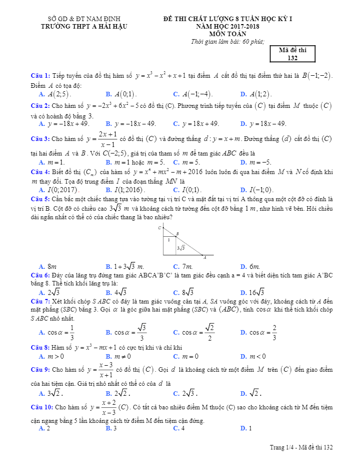 Đề thi chất lượng 8 tuần HK1 năm học 2017 – 2018 môn Toán 12 trường THPT A Hải Hậu – Nam Định