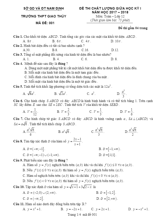 Đề thi chất lượng giữa học kỳ 1 môn Toán 12 năm học 2017 – 2018 trường THPT Giao Thủy – Nam Định