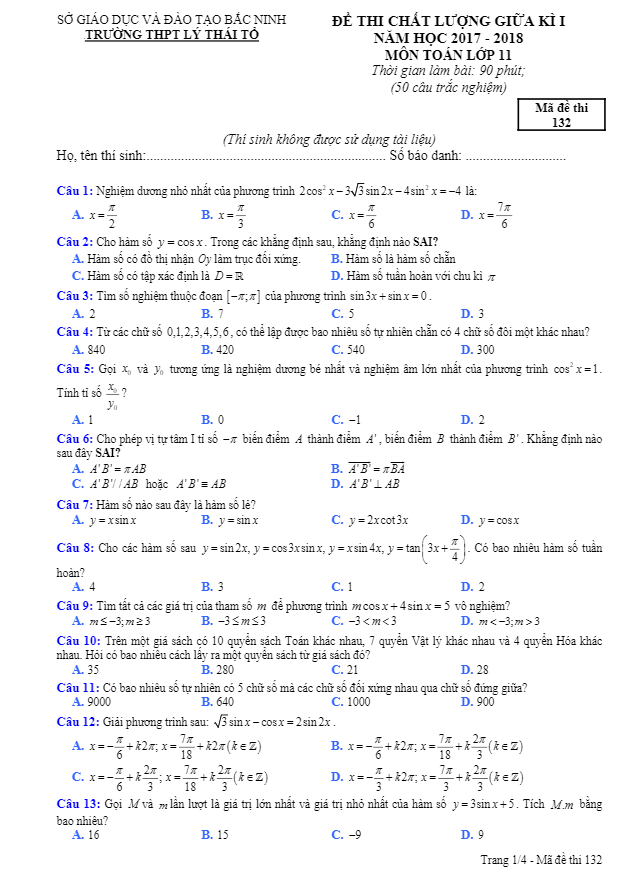 Đề thi chất lượng giữa kỳ 1 năm 2017 – 2018 môn Toán 11 trường THPT Lý Thái Tổ – Bắc Ninh