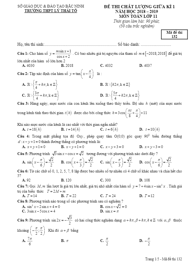 Đề thi chất lượng giữa kỳ 1 Toán 11 năm 2018 – 2019 trường THPT Lý Thái Tổ – Bắc Ninh