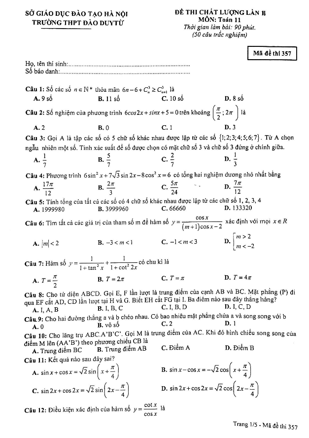 Đề thi chất lượng Toán 11 năm 2018 – 2019 trường Đào Duy Từ – Hà Nội lần 2