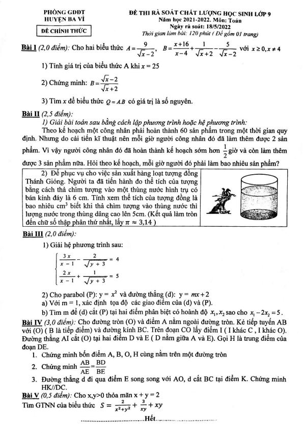 Đề thi chất lượng Toán 9 năm 2021 – 2022 phòng GD&ĐT Ba Vì – Hà Nội
