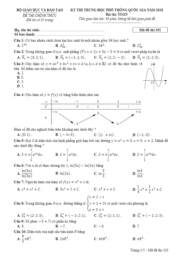 Đề thi chính thức THPT Quốc gia 2018 môn Toán