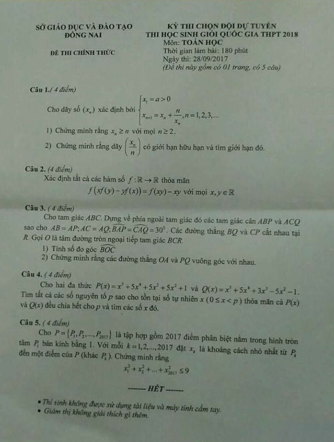 Đề thi chọn đội dự tuyển thi HSG Quốc gia THPT 2018 môn Toán sở GD và ĐT Đồng Nai