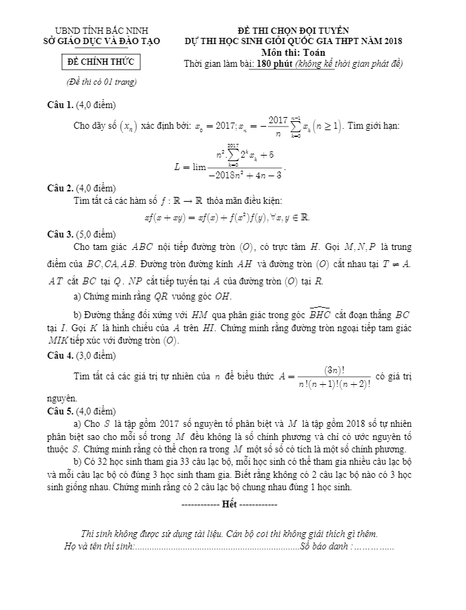 Đề thi chọn đội tuyển dự thi HSG Quốc gia THPT 2018 môn Toán sở GD và ĐT Bắc Ninh