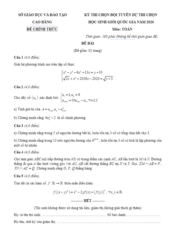 Đề thi chọn đội tuyển học sinh giỏi Toán năm 2020 sở GD&ĐT Cao Bằng