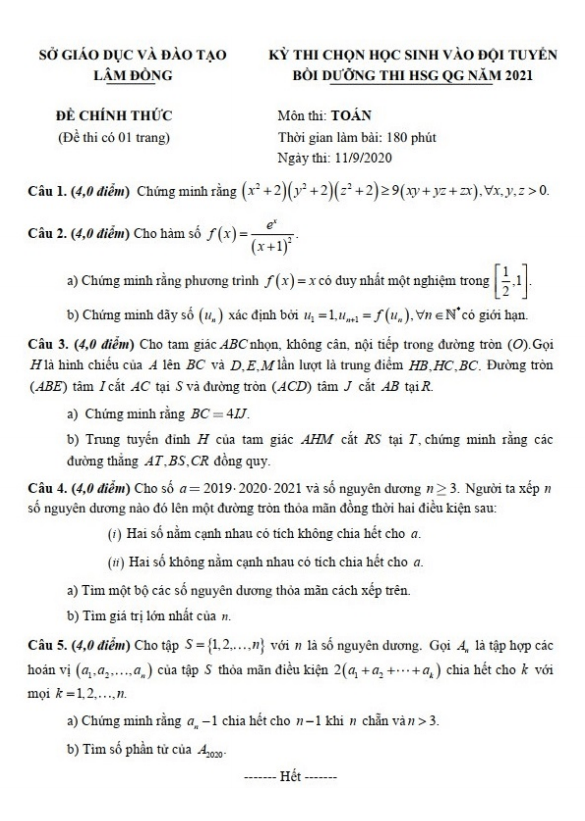Đề thi chọn đội tuyển học sinh giỏi Toán năm 2021 sở GD&ĐT Lâm Đồng
