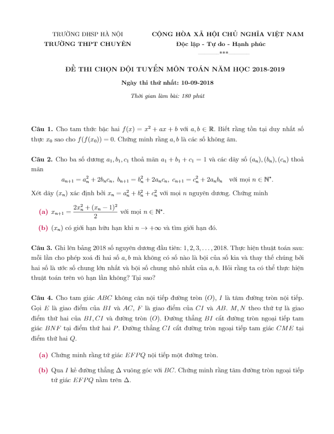 Đề thi chọn đội tuyển môn Toán năm 2018 – 2019 trường THPT chuyên ĐHSP Hà Nội