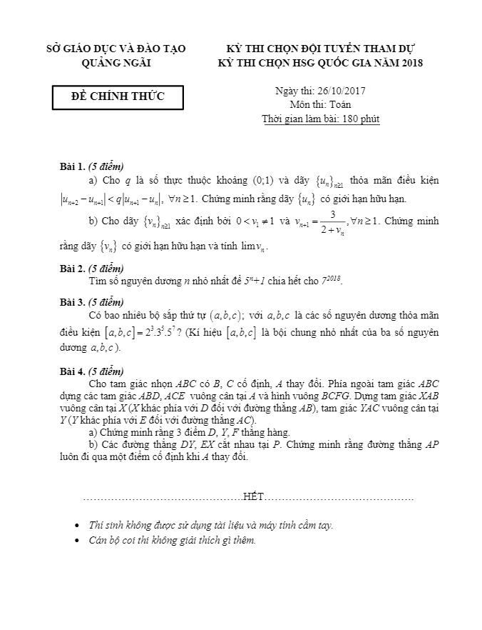 Đề thi chọn đội tuyển tham dự kỳ thi chọn HSG Quốc gia 2018 sở GD và ĐT Quảng Ngãi (Ngày 1)